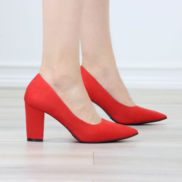 Classic Block High Heel Slip On Pointed Toe Pumps Red Suede - Picture 11 of 12